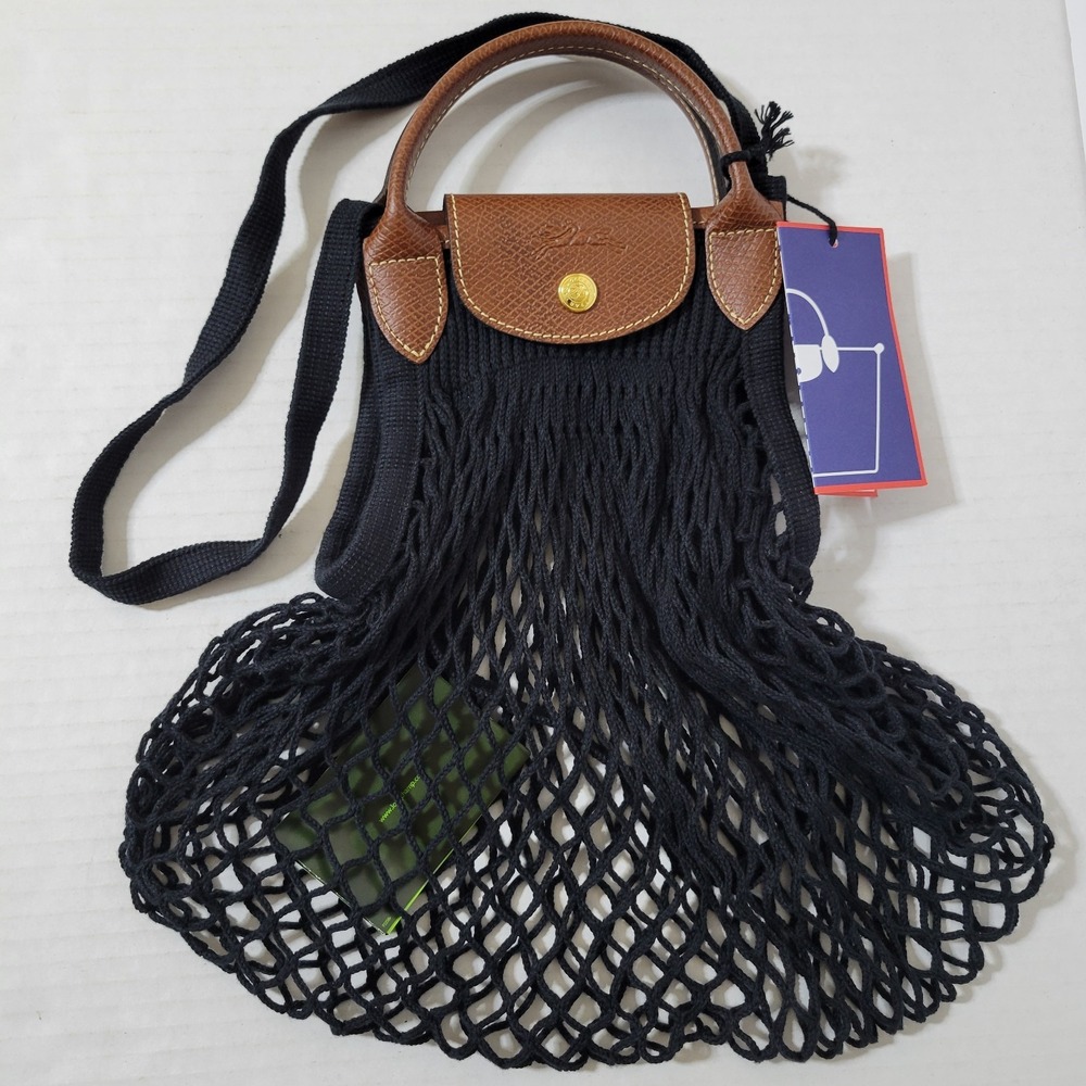 Longchamp x Filt Le Pliage Black Mesh Net Crossbody Shopping Bag Snap